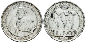 San Marino. 20 lire. 1931. (Km-11). (Pagani-342). Ag. 14,97 g. Light stain on reverse. Choice VF. Est...70,00. 

Spanish description: San Marino. 20...