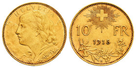 Switzerland. 10 francs. 1915. Bern. B. (Km-36). Au. 3,23 g. XF. Est...200,00. 

Spanish description: Suiza. 10 francs. 1915. Berna. B. (Km-36). Au. ...