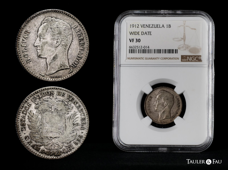 Venezuela. 1 bolivar. 1912. (Km-Y22). Ag. 4,96 g. Fecha clave. Muy escasa. NGC-V...