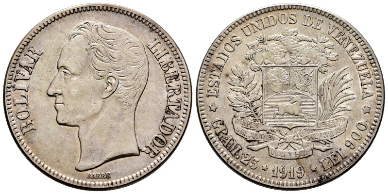 Venezuela. 5 bolivares. 1919. (Km-24.2). Ag. 24,93 g. Toned. Choice VF. Est...35...