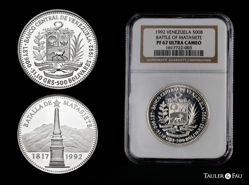 Venezuela. 500 bolivares. 1992. (Km-Y69). Ag. Battle of Matasiete. Slabbed by NG...