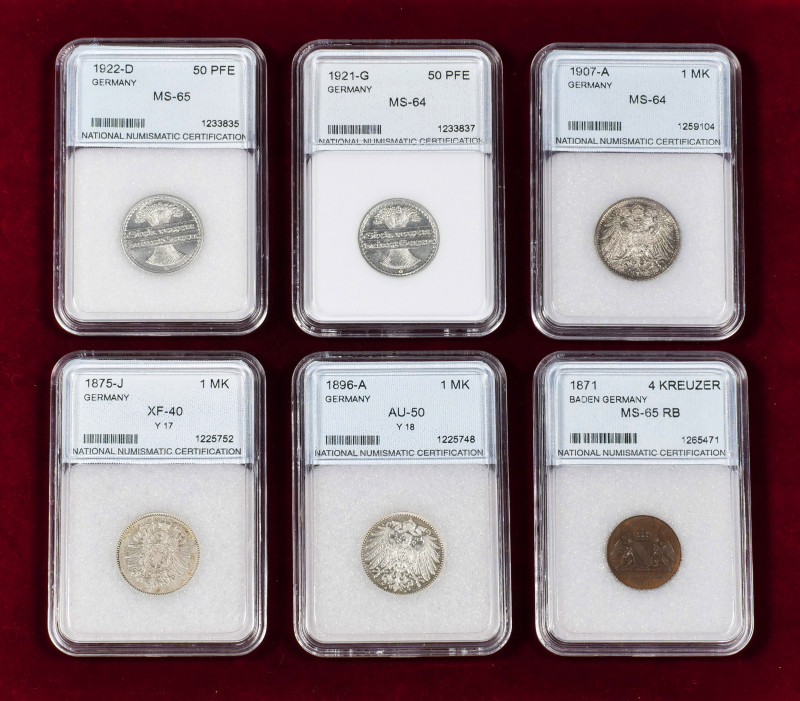 Lot of 6 coins from Germany. 50 Pfennig 1921 D, wrongly slabbed as 1922 (MS65), ...