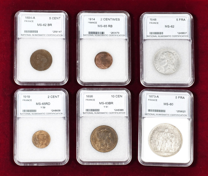 Lot of 6 coins from France. 5 Centimes 1894 A (MS62BR), 2 Centimes 1914 (MS65RB)...