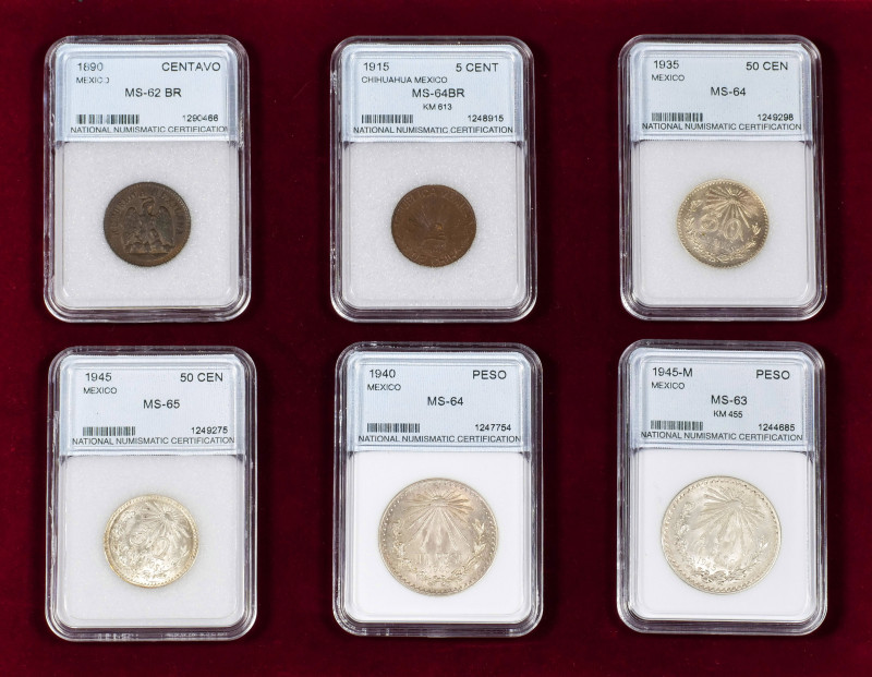 Lot of 6 coins from Mexico. 1 Peso 1945 M (MS63), 1 Peso 1940 (MS64), 50 Centavo...