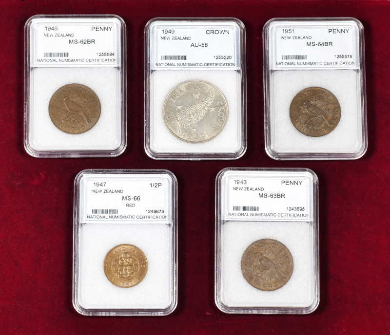 Lot of 5 coins from New Zealand. 1 Penny 1946 (MS62BR), 1 Penny 1943 (MS63BR), 1...