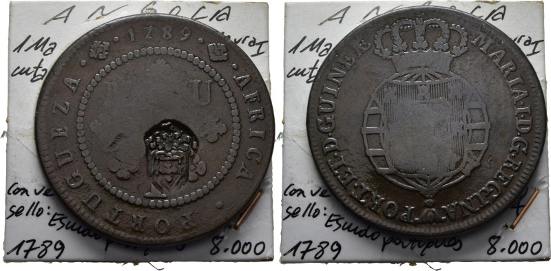 ANGOLA. María I. 1 macuta. 1789 resellado sobre (1837). K28. MBC. El propietario...