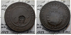 ANGOLA. María I. 1 macuta. 1789 resellado sobre (1837)