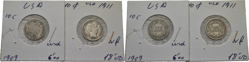 EE.UU./USA. 1 dime. 1909 y 1911. K113. BC- y MBC/MBC+. Lote de dos piezas (2). E...