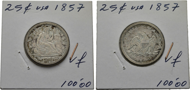 EE.UU./USA. 25 centavos. 1857. KA.64.2. Ligera oxidación limpiada. Casi MBC. El ...