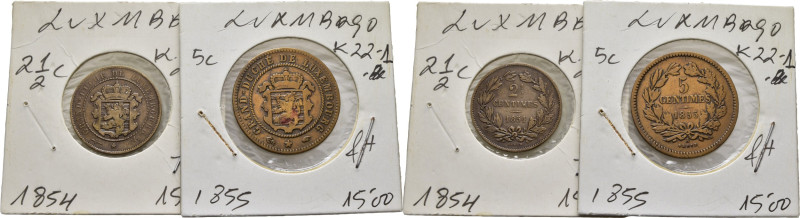 LUXEMBURGO. Escudo y valor. 2 1/2 y 5 céntimos. 1854 y 1855. K21 y 22.1. La segu...