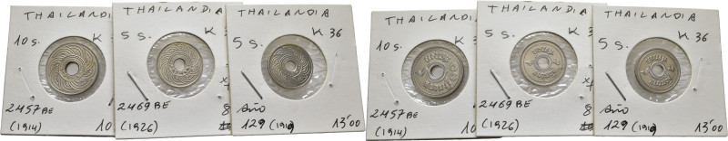 THAILANDIA. 5 satang (2) y 10 satang. Año 129 R. S, 2469 BE y 2457 BE. K36 (2) y...