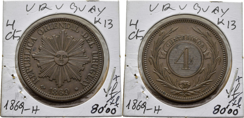 URUGUAY. Sol y valor. Acuñada en Heaton. 4 centésimos. 1869H. K13. EBC. Buen eje...