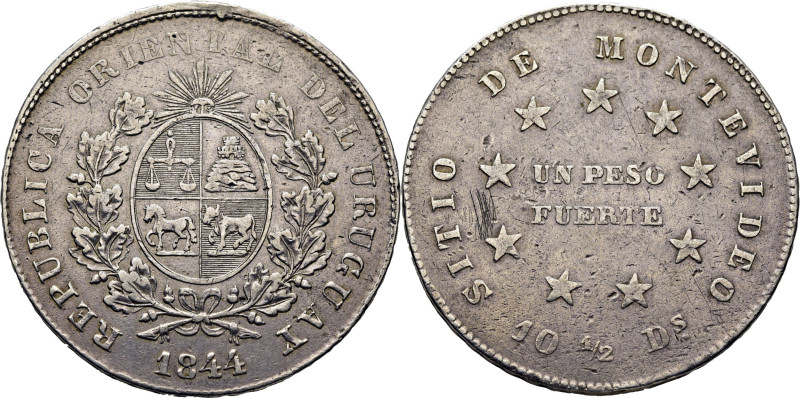 URUGUAY. Escudo y valor. Peso. 1844. Sitio de Montevideo. Defendido por los Colo...