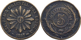 URUGUAY. Sol y valor. Lyon. 5 centésimos. 1857 D