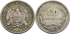 URUGUAY. Escudo y valor. París. 20 centésimos. 1877