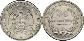 URUGUAY. Escudo y valor. 50 centésimos. 1894. Rara