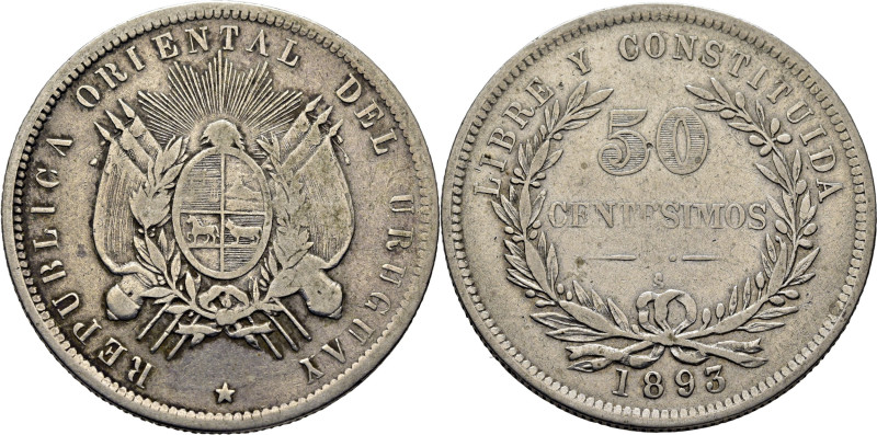 URUGUAY. Escudo y valor. Santiago de Chile. 50 centésimos. 1893 sobre 73, el 7 d...