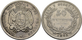 URUGUAY. Escudo y valor. Santiago de Chile. 50 centésimos. 1893 sobre 73…