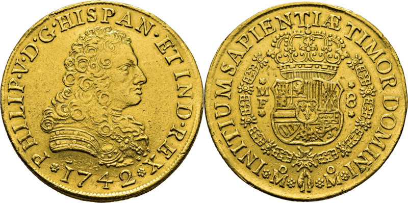 FELIPE V. Méjico. 8 escudos. 1742. MF. Cy10069 (4.200 €). Sirvió de joya en aro....