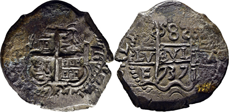 FELIPE V. Potosí. 8 reales. 1737. E. Dos fechas visibles. Cy9399. 26´53 g. Oxida...