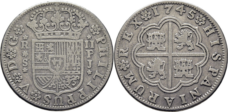 FELIPE V. Sevilla. 2 reales. 1745. PJ. Cy8915. MBC-