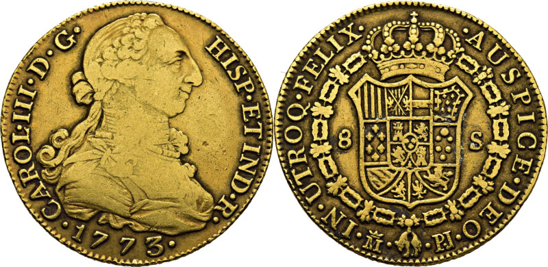 CARLOS III. Madrid. 8 escudos. 1773. PJ. Cy12841 (2.700 €). Sirvió de joya en ar...