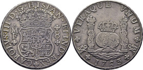CARLOS III. Méjico. 8 reales. 1763 sobre 2. MF. Tono. Rara sobrefecha clarísima