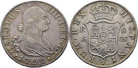 CARLOS IV. Sevilla. 8 reales. 1792. CN. Tono. Escasa