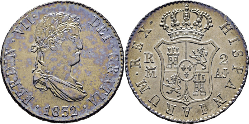 FERNANDO VII. Madrid. 2 reales. 1832. AJ. Cy15639. Suaves y finas rayitas en anv...