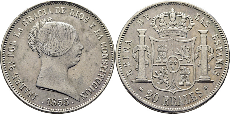 ISABEL II. Madrid. 20 reales. 1855. Cy17203. MBC+, mínimos restos de brillo orig...