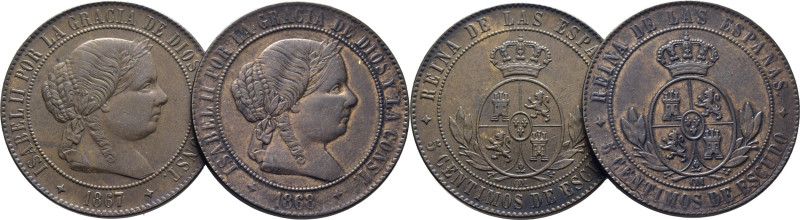 ISABEL II. Segovia. 5 céntimos de escudo. 1867 y 1868. OM. Cy16781 y 785. Mínima...