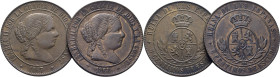 ISABEL II. Segovia. 5 céntimos de escudo. 1867 y 1868. OM. Lote de 2. Cierto atractivo de la primera