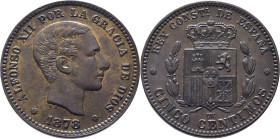 ALFONSO XII. Barcelona. 5 céntimos. 1878. OM. EBC. Cierto atractivo