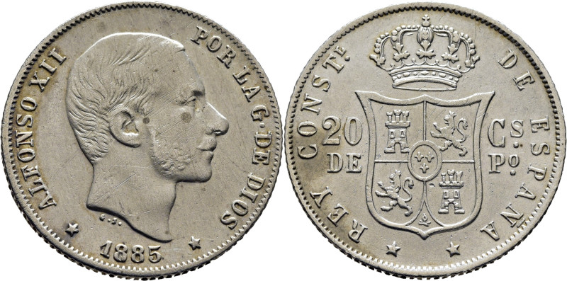 ALFONSO XII. Manila. 20 céntimos de peso. 1885. Cy17557. Rayitas en anverso. MBC...