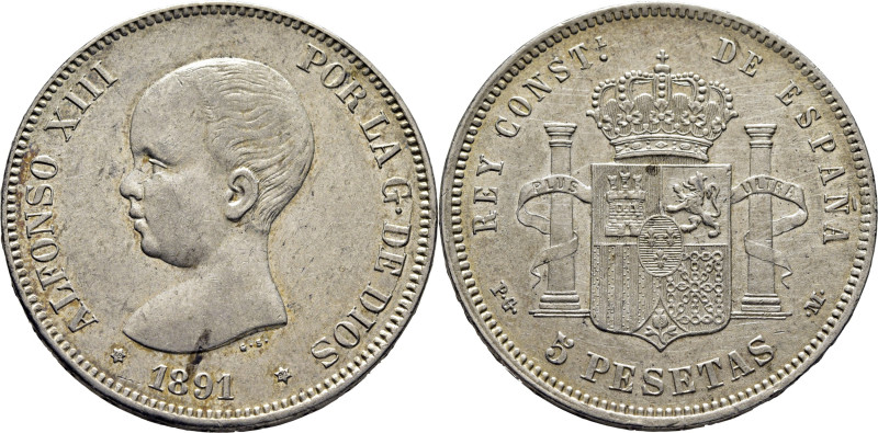 ALFONSO XIII. Madrid. 5 pesetas. 1891*18-91. PGM. Cy17638. Huella de carbón en e...