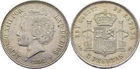 ALFONSO XIII. Madrid. 5 pesetas. 1892*18-92. PGM. EBC+. Suave tono. Buen ejemplar. Muy atractivo resplandor