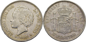 ALFONSO XIII. Madrid. 5 pesetas. 1892*18-92. PGM. Suave tono