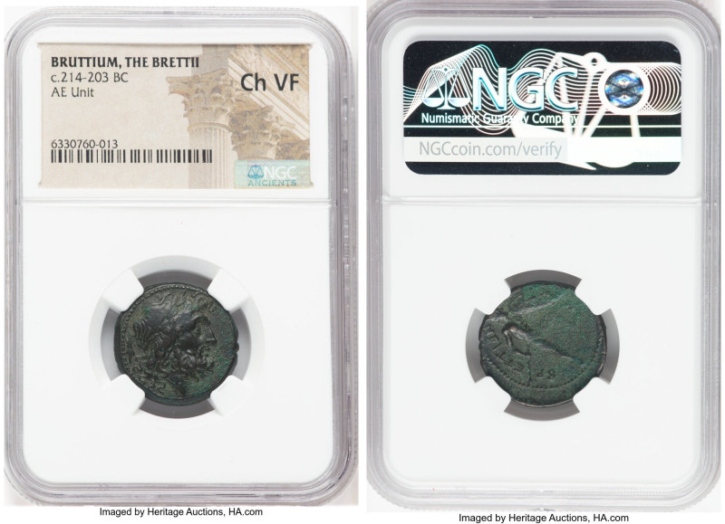 BRUTTIUM. The Brettii. Ca. 214-203 BC. AE unit (21mm, 9h). NGC Choice VF. Laurea...