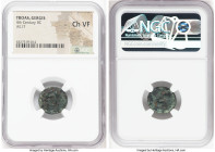TROAS. Gergis. 4th Century BC. AE (17mm, 12h). NGC Choice VF. Laureate head of Sibyl Herophile facing turned slightly right / ΓEP, winged sphinx, seat...