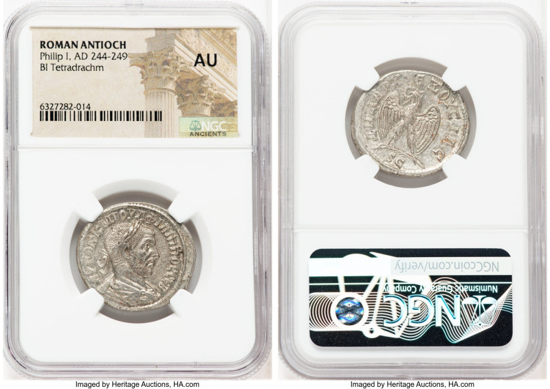 SYRIA. Antioch. Philip I (AD 244-249). BI tetradrachm (27mm, 7h). NGC AU. AYTOK ...