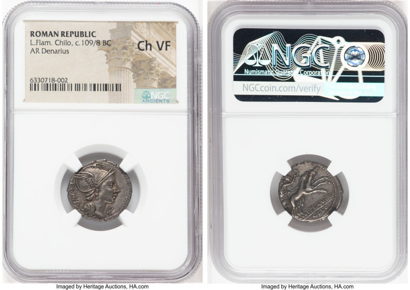 L. Flaminius Chilo (ca. 109-108 BC). AR denarius (20mm, 11h). NGC Choice VF. Rom...