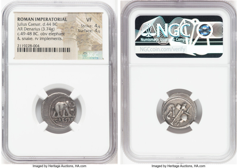 Julius Caesar, as Dictator (49-44 BC). AR denarius (19mm, 3.74 gm, 1h). NGC VF 4...