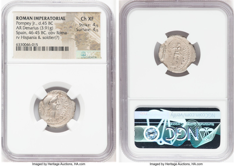 Cnaeus Pompeius Junior (ca. 46-45 BC). AR denarius (20mm, 3.91 gm, 6h). NGC Choi...