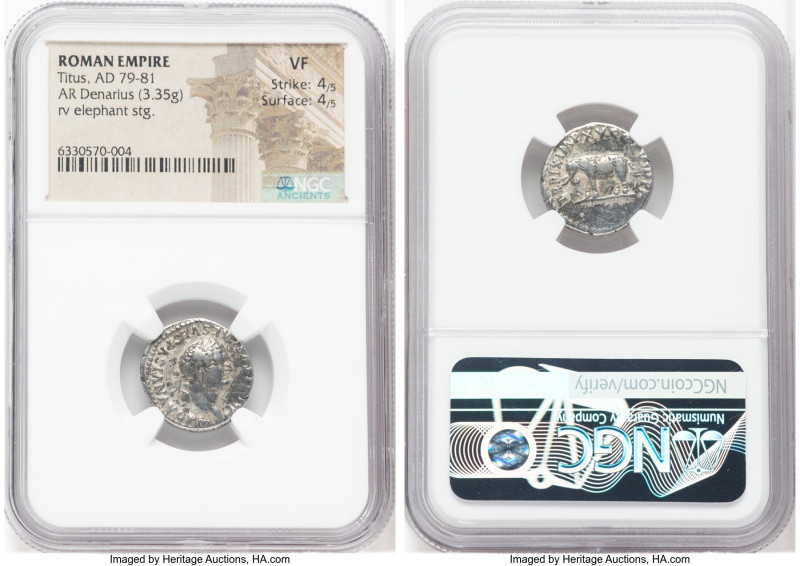 Titus, as Augustus (AD 79-81). AR denarius (17mm, 3.35 gm, 6h). NGC VF 4/5 - 4/5...