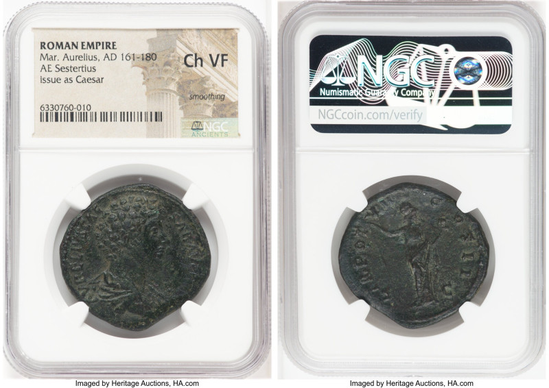 Marcus Aurelius, as Caesar (AD 161-180). AE sestertius (34mm, 11h). NGC Choice V...