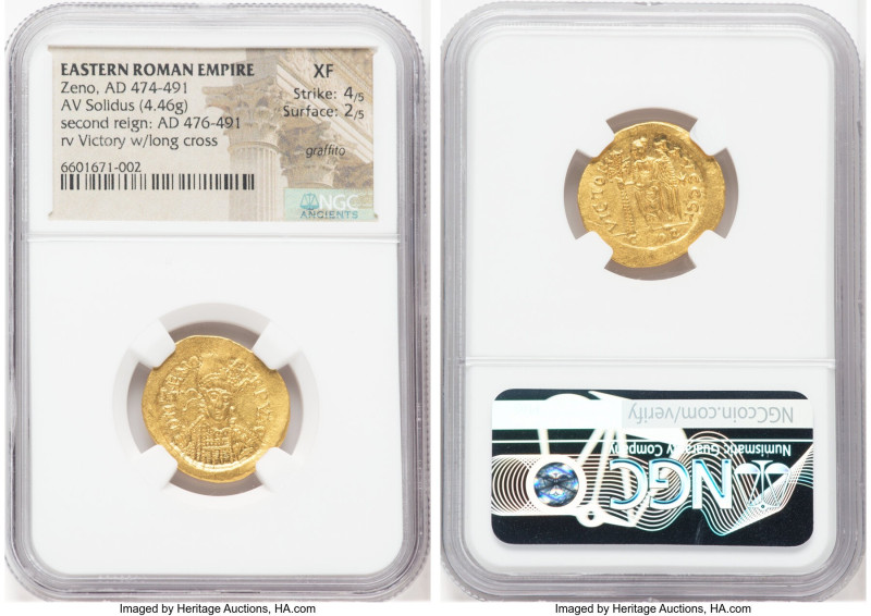 Zeno, Eastern Roman Empire (AD 474-491). AV solidus (21mm, 4.46 gm, 5h). NGC XF ...