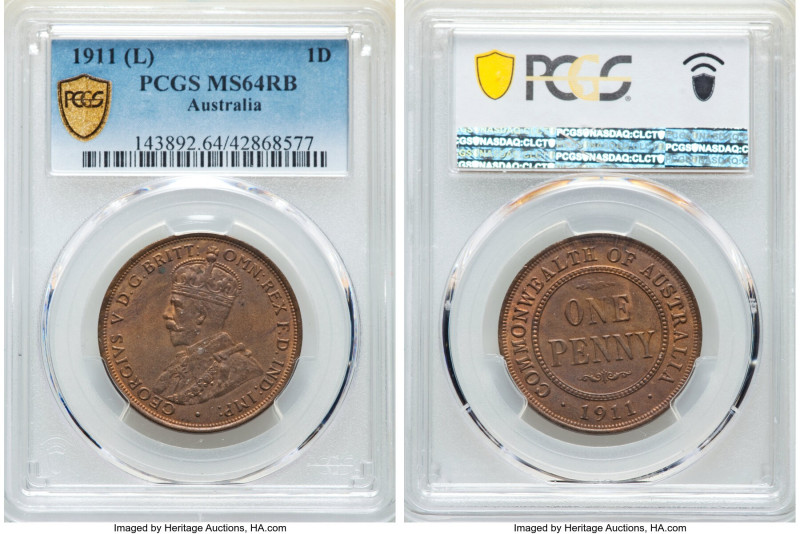 George V Penny 1911-(L) MS64 Red and Brown PCGS, London mint, KM23. Chocolate su...