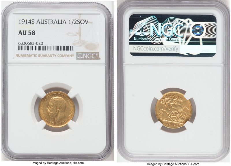 George V gold 1/2 Sovereign 1914-S AU58 NGC, Sydney mint, KM28, S-4009. 

HID098...