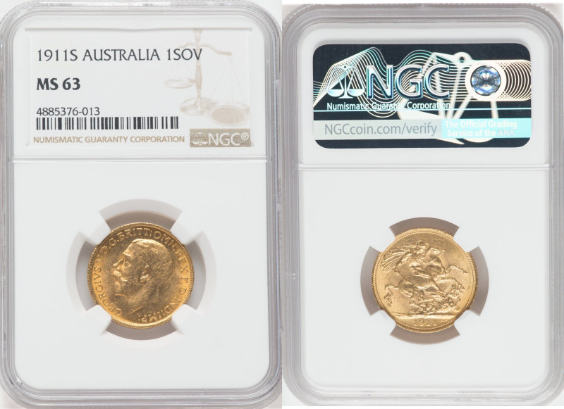 George V gold Sovereign 1911-S MS63 NGC, Sydney mint, KM29, S-4003. Lustrous hon...