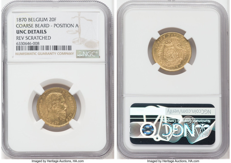 Leopold II gold 20 Francs 1870 UNC Details (Reverse Scratched) NGC, Brussels min...